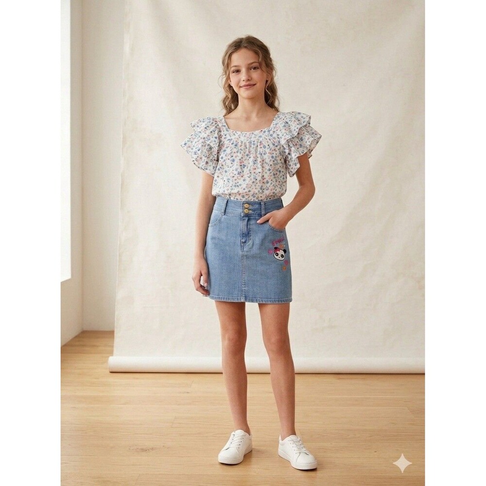 Gymboree Panda Denim Skirt Size 8 Vintage 2010 Embroidered Y2K Kidcore Aesthetic